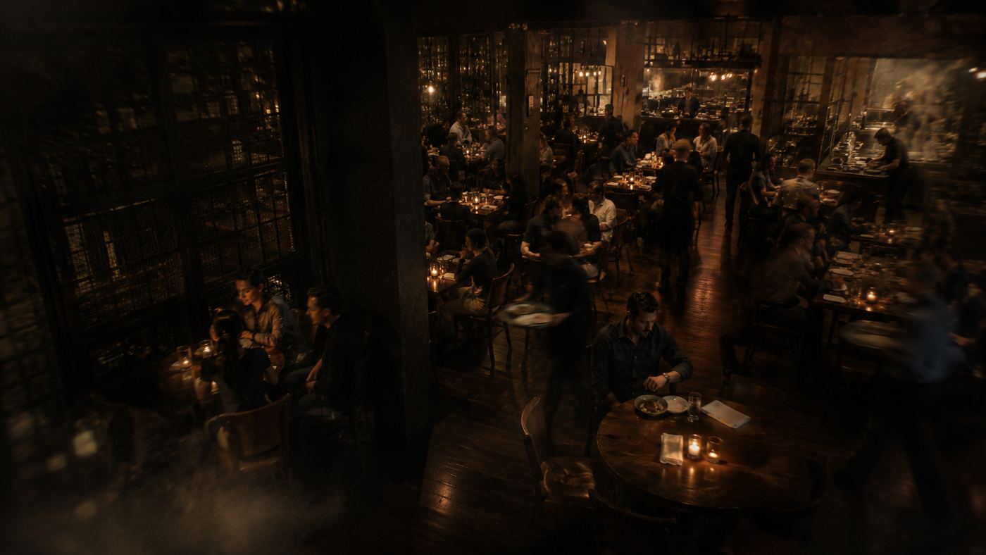 A busy restaurant dining room during service