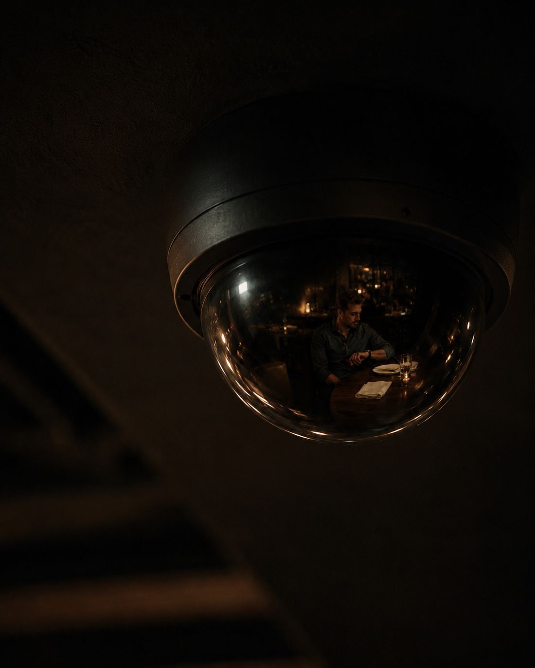 A restaurant floor seen through a CCTV lens