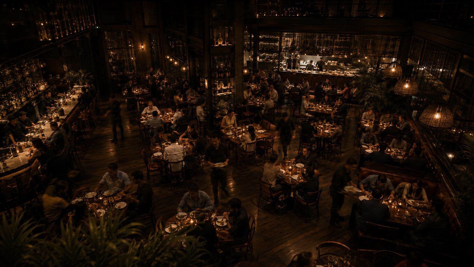 A dine-in restaurant floor viewed from an elevated camera