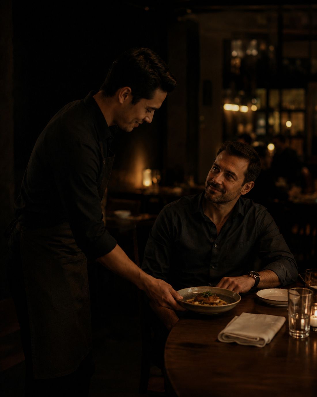 A server attending a guest at their table