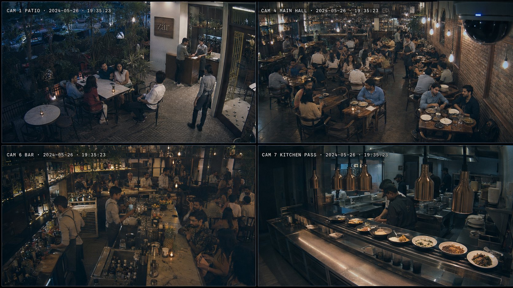 Multi-camera CCTV grid of a restaurant