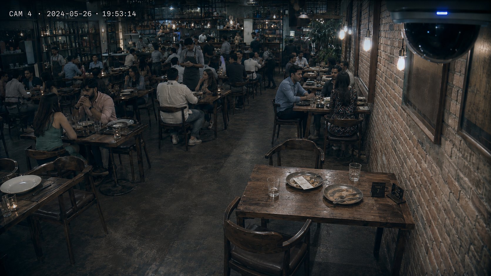 Empty Table 7 with abandoned plates and folded receipt