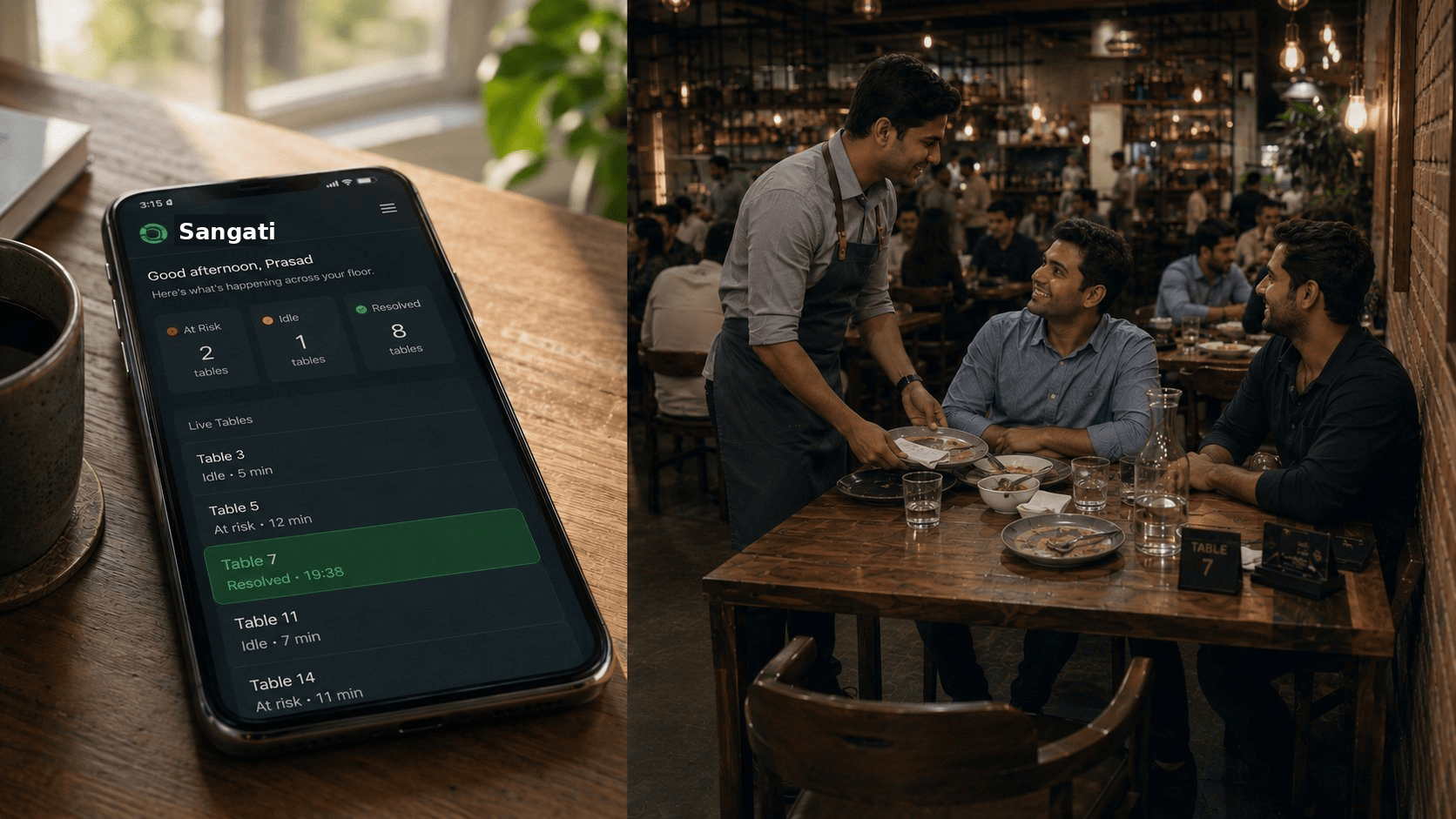 Phone showing Sangati dashboard, waiter saving Table 7